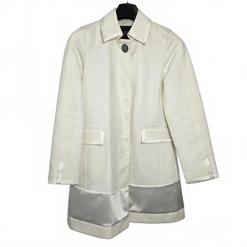 Coach Jacket Women's 2 Off White Long Button Down Satin Trim Cotton Structured